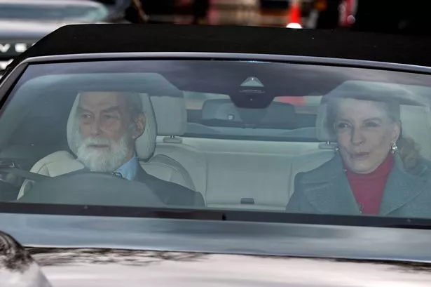 Prince and Princess Michael of Kent arriving for King Charles' pre-Christmas lunch at Buckingham Palace yesterday