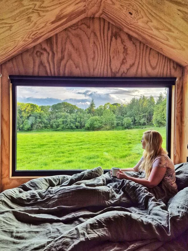 off-grid cabin view of countryside from window