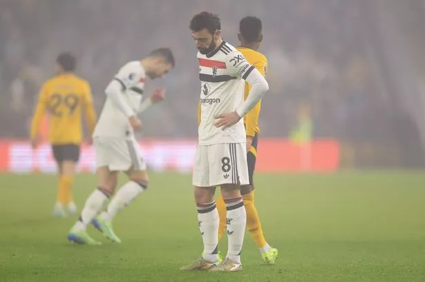 Bruno Fernandes of Manchester United reacts after being shown red card during the Premier League match against Wolverhampton Wanderers