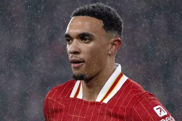 Trent Alexander-Arnold of Liverpool looks on during the Premier League match between Liverpool FC and Manchester United FC at Anfield on January 05, 2025