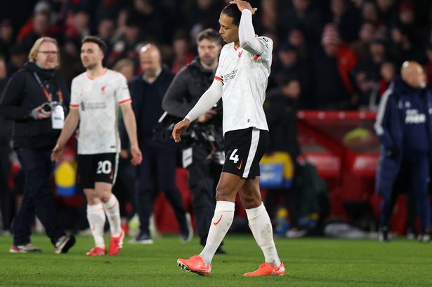 NOTTINGHAM, ENGLAND - JANUARY 14: Virgil Van Dijk of Liverpool reacts after the Premier League match between Nottingham Forest FC and Liverpool FC at City Ground on January 14, 2025 in Nottingham, England. (Photo by Molly Darlington/Copa/Getty Images)