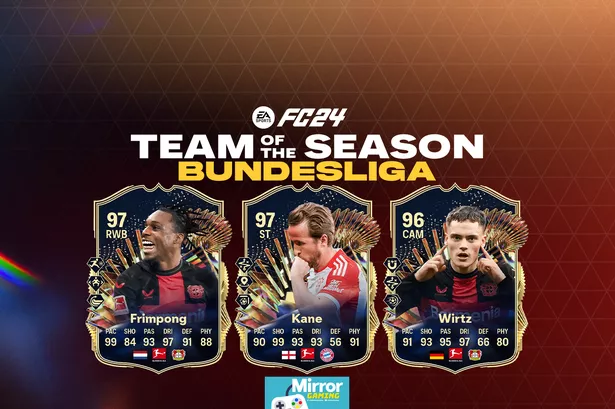 Jeremie Frimpong's, Harry Kane's, and Florian Wirtz's official EA FC 24 TOTS items