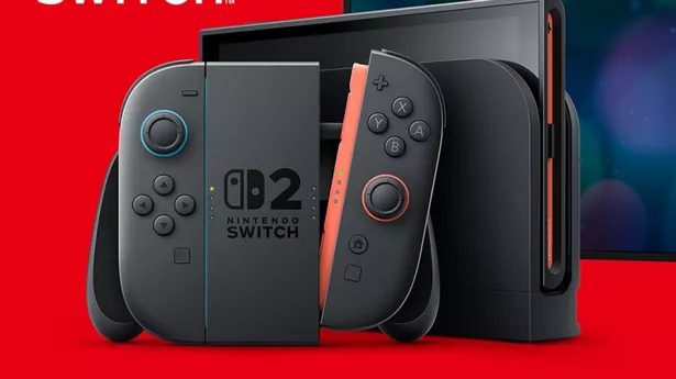 An image of the Switch 2 on a red background