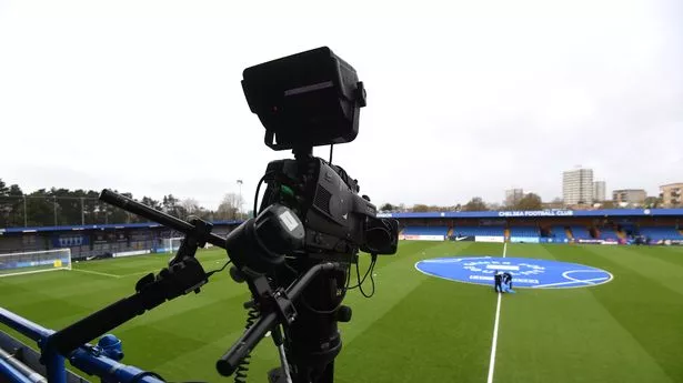 A detailed view of a TV camera inside the stadium prior to the FA Women's Super League match between Chelsea and Manchester United at Kingsmeadow on March 12, 2023