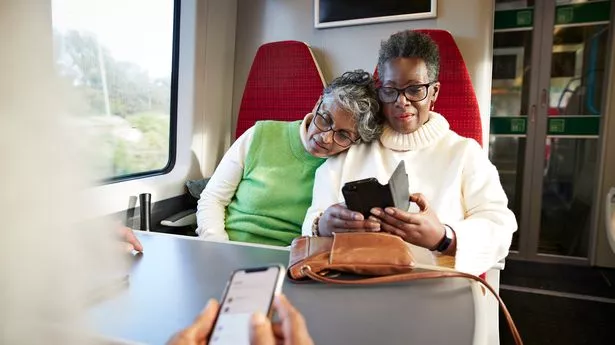 Senior woman leaning on female friend using mobile phone in train