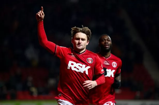 Alfie May of Charlton Athletic celebrates his second goal against former club Cheltenham earlier this week.