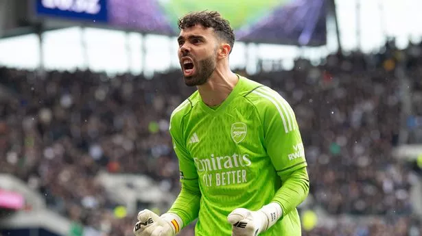 LONDON, ENGLAND - APRIL 28: David Raya of Arsenal celebrates the second Arsenal goal during the Premier League match between Tottenham Hotspur and Arsenal FC at Tottenham Hotspur Stadium on April 28, 2024 in London, England. (Photo by Visionhaus/Getty Images)