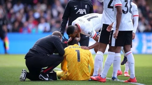 Alisson down injured during Crystal Palace vs Liverpool