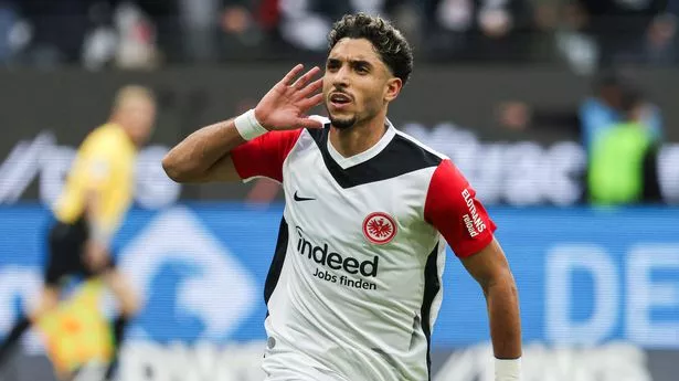 Frankfurt forward Omar Marmoush celebrating a goal