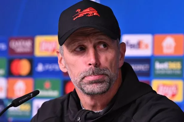 Marco Rose, Head Coach of RB Leipzig, looks on in a post match press conference 