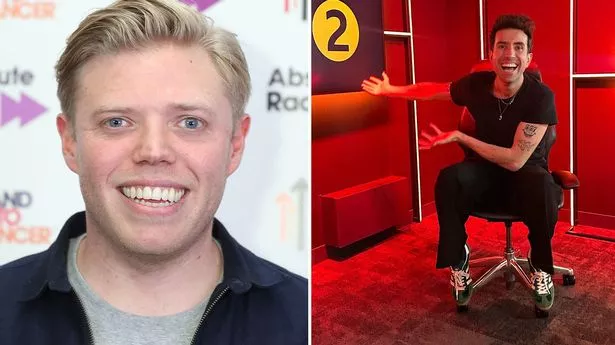 a close up of Rob Beckett beside Nick Grimshaw in red BBC Radio 2 studio