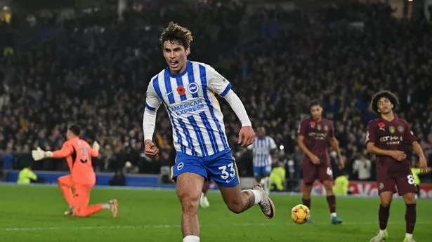 Brighton midfielder Matt O'Riley celebrates after scoring against Manchester City