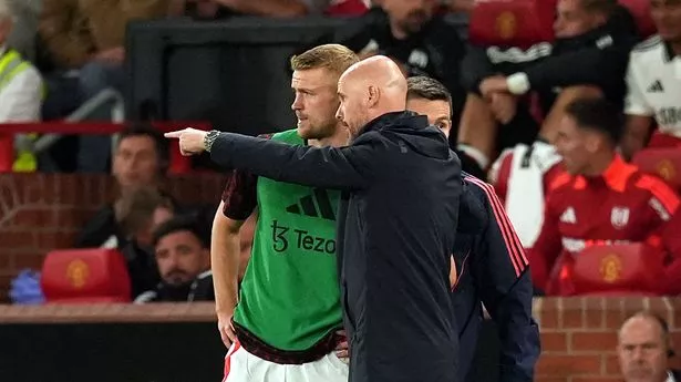 Matthijs de Ligt and Erik ten Hag speaking during Manchester United vs Fulham