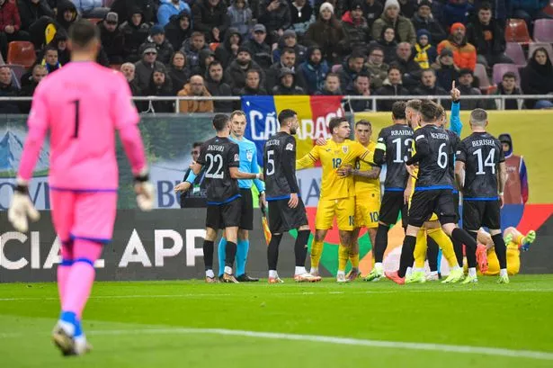 Kosovo and Romania players scuffling during their UEFA Nations League match