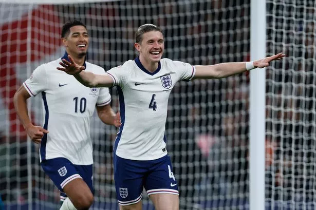 Conor Gallagher celebrates after scoring his first goal for England