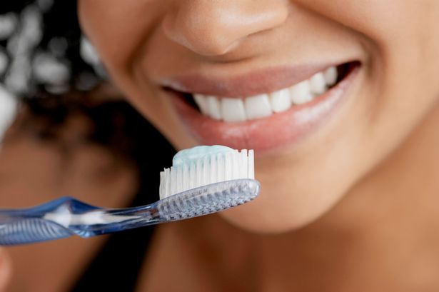 Woman holds toothbrush with toothpaste up to her teeth