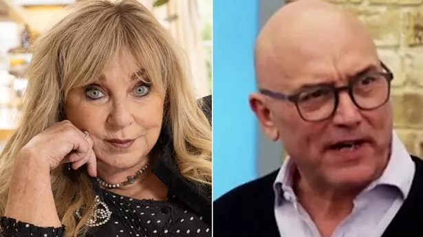 Helen Lederer posing for a photo on a sofa, alongside a screengrab of Gregg Wallace on MasterChef.