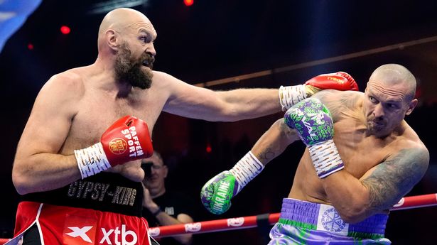 Tyson Fury (left) and Oleksandr Usyk during the WBA, WBC, WBO, IBO World Heavyweight championship contest at the Kingdom Arena