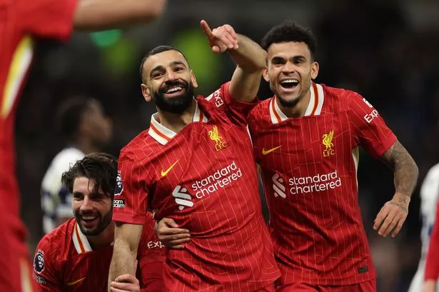 Mohamed Salah of Liverpool celebrates after scoring a goal to make it 1-4 during the Premier League match between Tottenham Hotspur FC and Liverpool FC at Tottenham Hotspur Stadium on December 22, 2024 