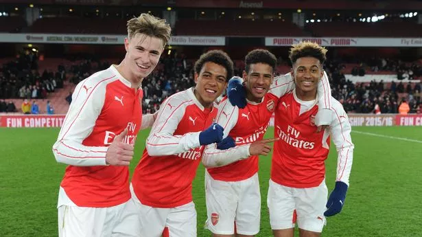 Ben Sheaf, Donyell Malen, Marcus McGuane and Reiss Nelson of Arsenal