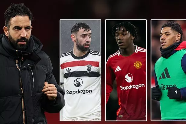 Sir Jim Ratcliffe, Ruben Amorim, Bruno Fernandes, Kobbie Mainoo and Marcus Rashford