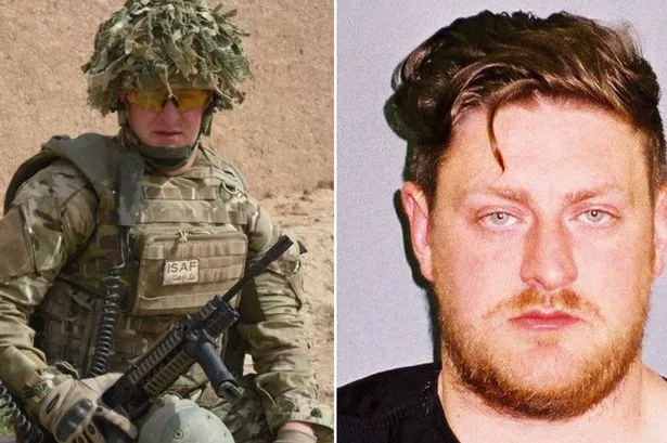 A composite image showing Joseph Short in his military uniform in Afghanistan on the left and his mugshot on the right