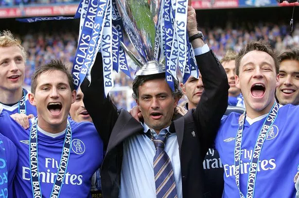 Jose Mourinho Chelsea Manager, Frank Lampard of Chelsea and John Terry of Chelsea celebrate with Trophy after becoming the 2004-2005 Premier League Champions 