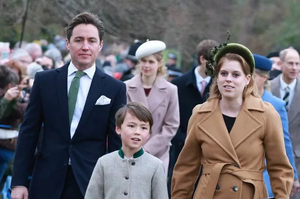 Princess Beatrice with husband Edo and stepson Wolfie at Sandringham this morning