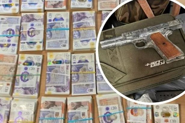 Bundles of £10 and £20 notes on a table with an insert picture of a silver 9mm pistol