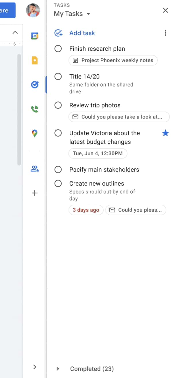 Google Tasks Docs checklist