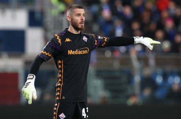 COMO, ITALY - NOVEMBER 24: David de Gea of ACF Fiorentina gestures during the Serie A match between Como 1907 and ACF Fiorentina at Stadio G. Sinigaglia on November 24, 2024 in Como, Italy. (Photo by Marco Luzzani/Getty Images)