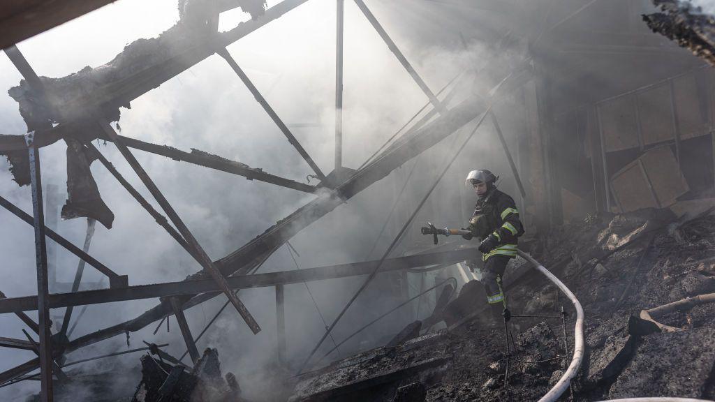 Ukrainian emergency service workers extinguish a fire in a factory after a Russian shelling as the Russia-Ukraine war continues in Kostiantinivka, Ukraine.