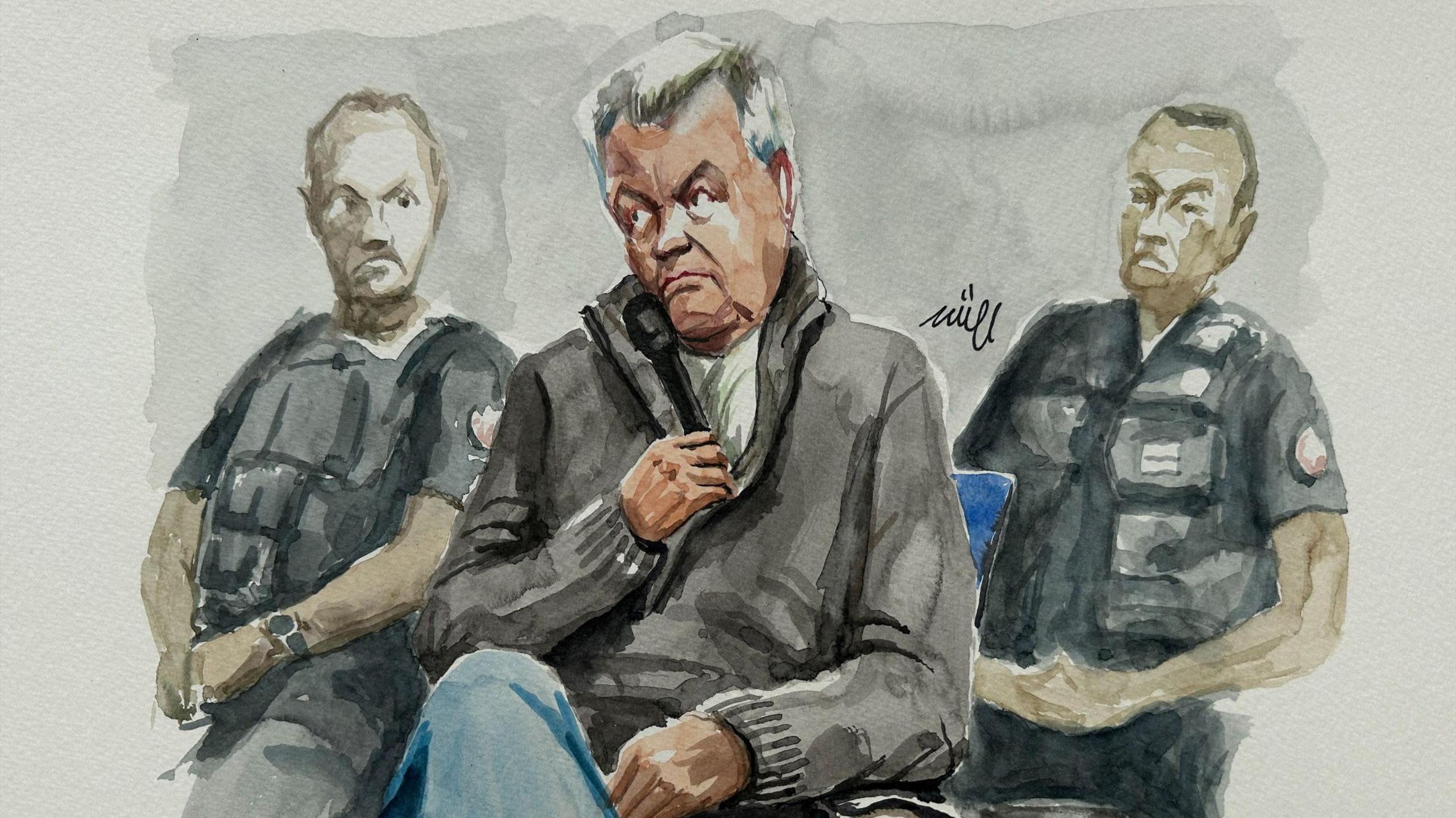 Dominique Pelicot, who has allegedly drugged and raped his wife Gisele Pelicot, appears during his trial with 50 co-accused at the courthouse in Avignon, France, September 17, 2024, in this courtroom sketch