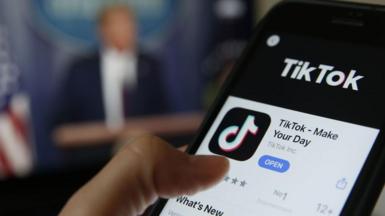 TikTok app and President Trump giving a speech at the White House in a composite image