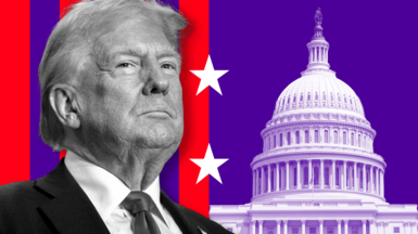 An image of Donald Trump and the US Capitol on a purple background with red stripes and white stars.