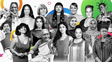 A stylised composite image of black and white photos of some of the women on this year's list. In the background there are orange, blue and green shapes. 