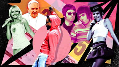 A colourful graphic montage showing Sabrina Carpenter, the Pope, Oasis, Lily Allen and Kendrick Lamar