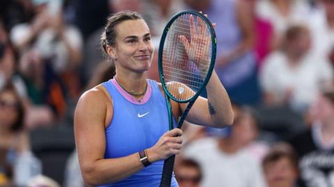 Aryna Sabalenka of Belarus celebrates winning her match against Renata Zarazua at the Brisbane International