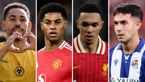 Wolves' Matheus Cunha, Manchester United's Marcus Rashford, Liverpool's Trent Alexander-Arnold and Real Sociedad's Martin Zubimendi