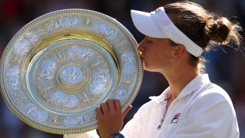 Barbora Krejcikova with the Wimbledon trophy at this year's Championships