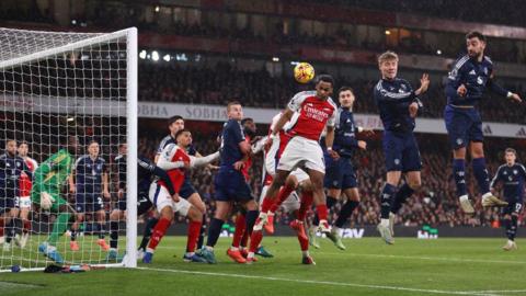 Gabriel scores a header in Arsenal's 2-0 Premier League victory over Manchester United