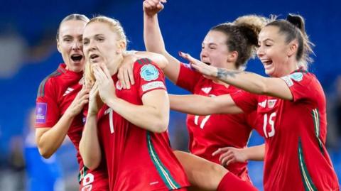 Wales celebrate Ceri Holland goal v Slovakia