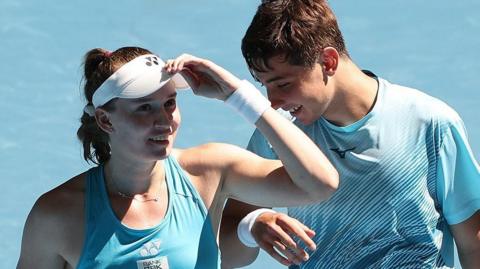 Elena Rybakina and Alexander Shevchenko of Team Kazakhstan look on in the United Cup mixed doubles match against Spain