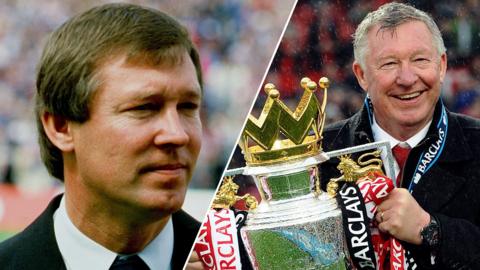 A split image of Sir Alex Ferguson in a suit looking to the side and an older Ferguson smiling and holding a trophy.