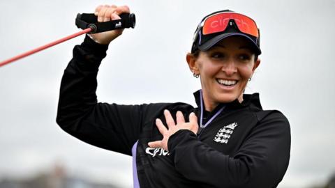 England's Kate Cross warms up before a T20 match against Ireland