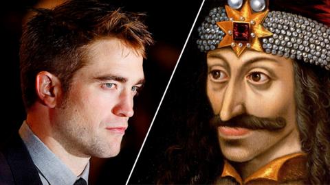 a 50/50 diagonal split image with actor Robert pattinson on the left and  Vlad III of Wallachia, Romania from the book Dracula on the right