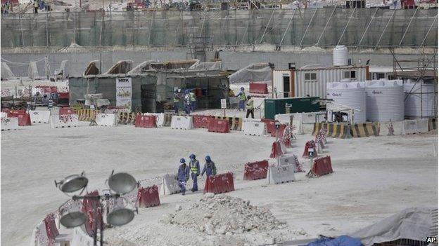 Workers building al-Wakrah stadium in Doha, Qatar, May 2015