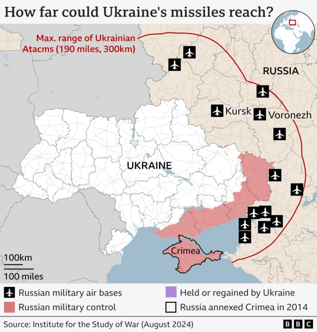 A map showing how far Ukraine's missiles could reach. The maximum range of ATACMS is 300km, there are 14 Russian air bases within range inside Russian territory.