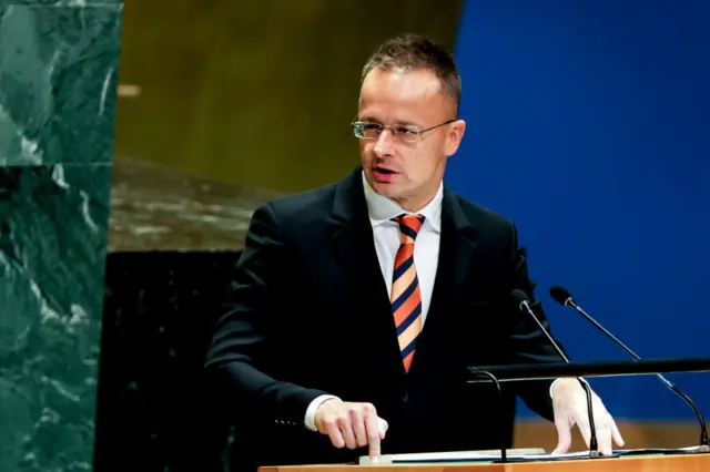 Hungarian Foreign Minister  Peter Szijjarto talking into a lectern.