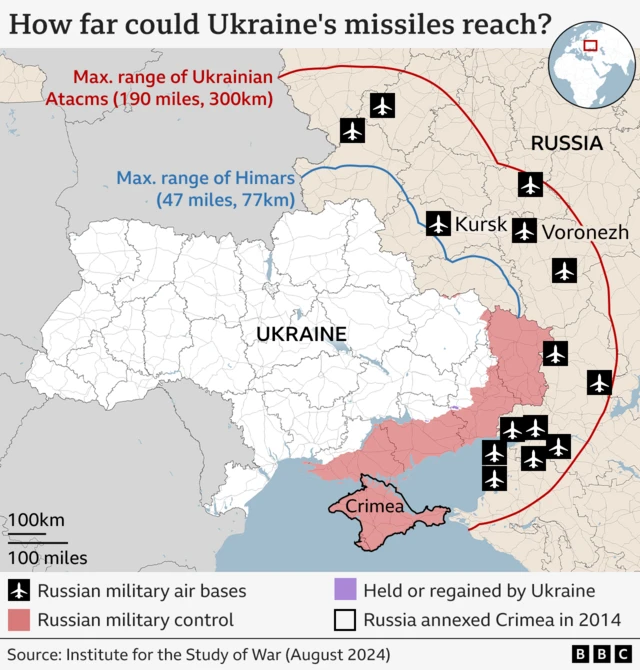 A map showing the range of an ACTAM missile